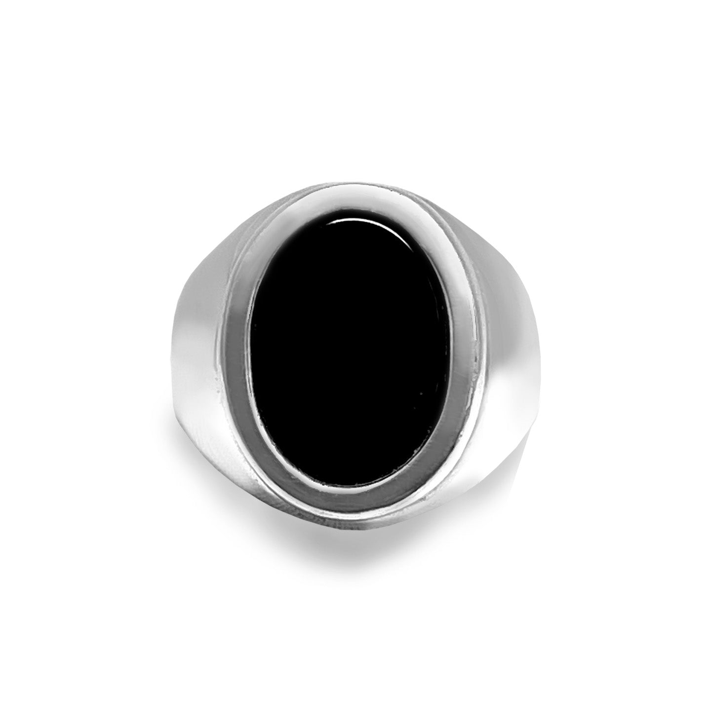 A silver signet ring with black onyx center stone.