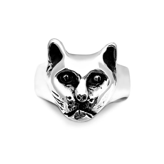 A silver ring in the shape of a cat's head with an open mouth design, crafted from sterling silver.