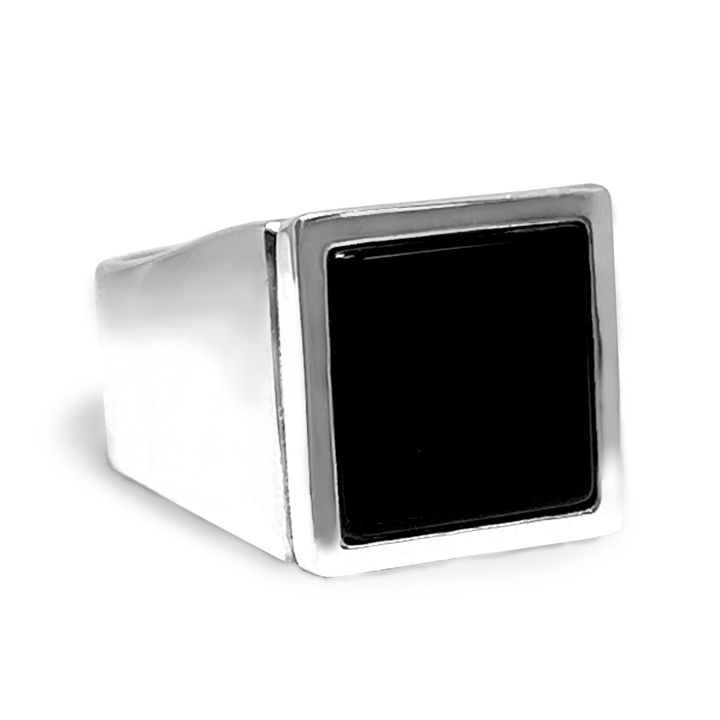 A square onyx signet ring with a silver band on a white background.
