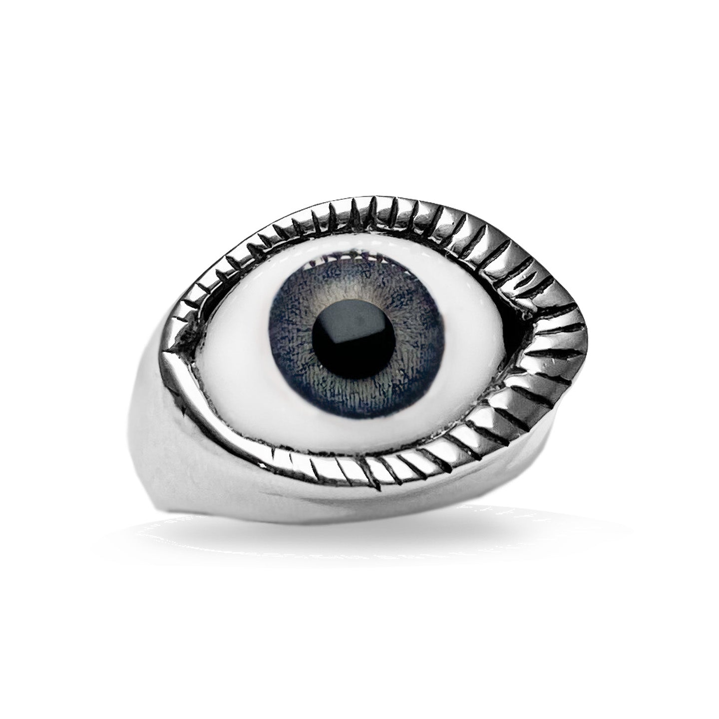 Silver Eye ring in blue glass eye color.