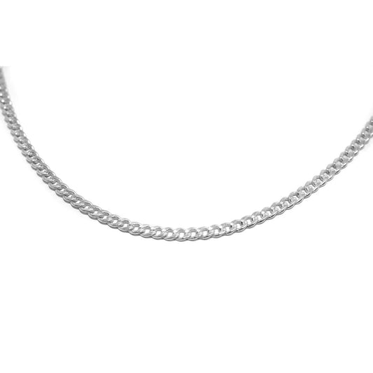 A 3mm silver curb chain necklace with a lobster clasp.