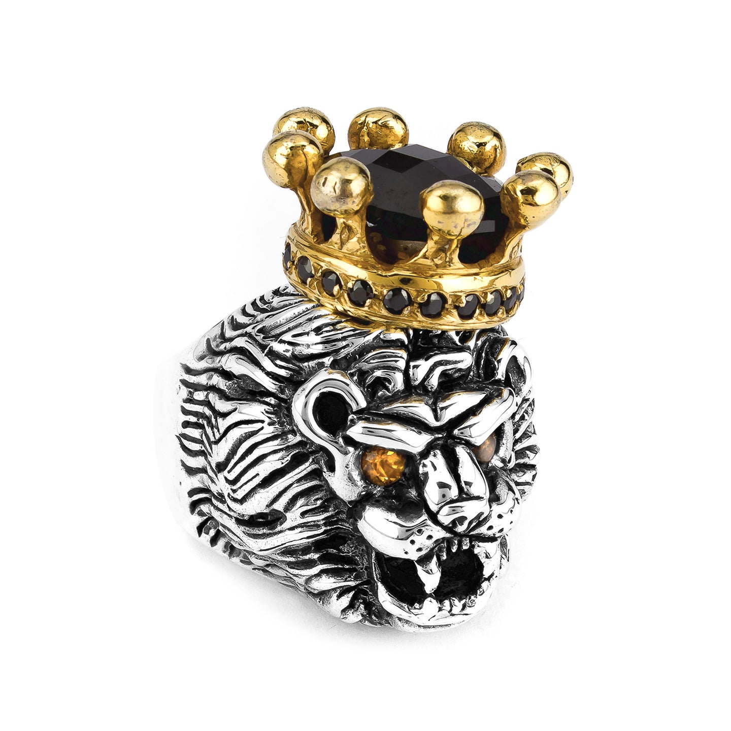 Silver Lion ring with natural citrine eyes and gold crown with onyx stone. 