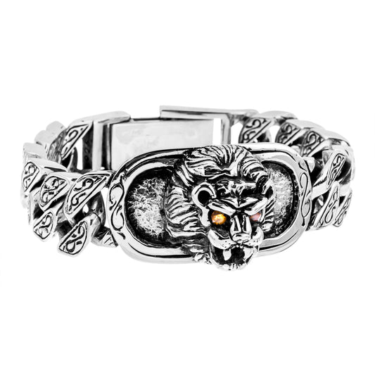 A sterling silver bracelet featuring a lion's head design with natural stone eyes.
