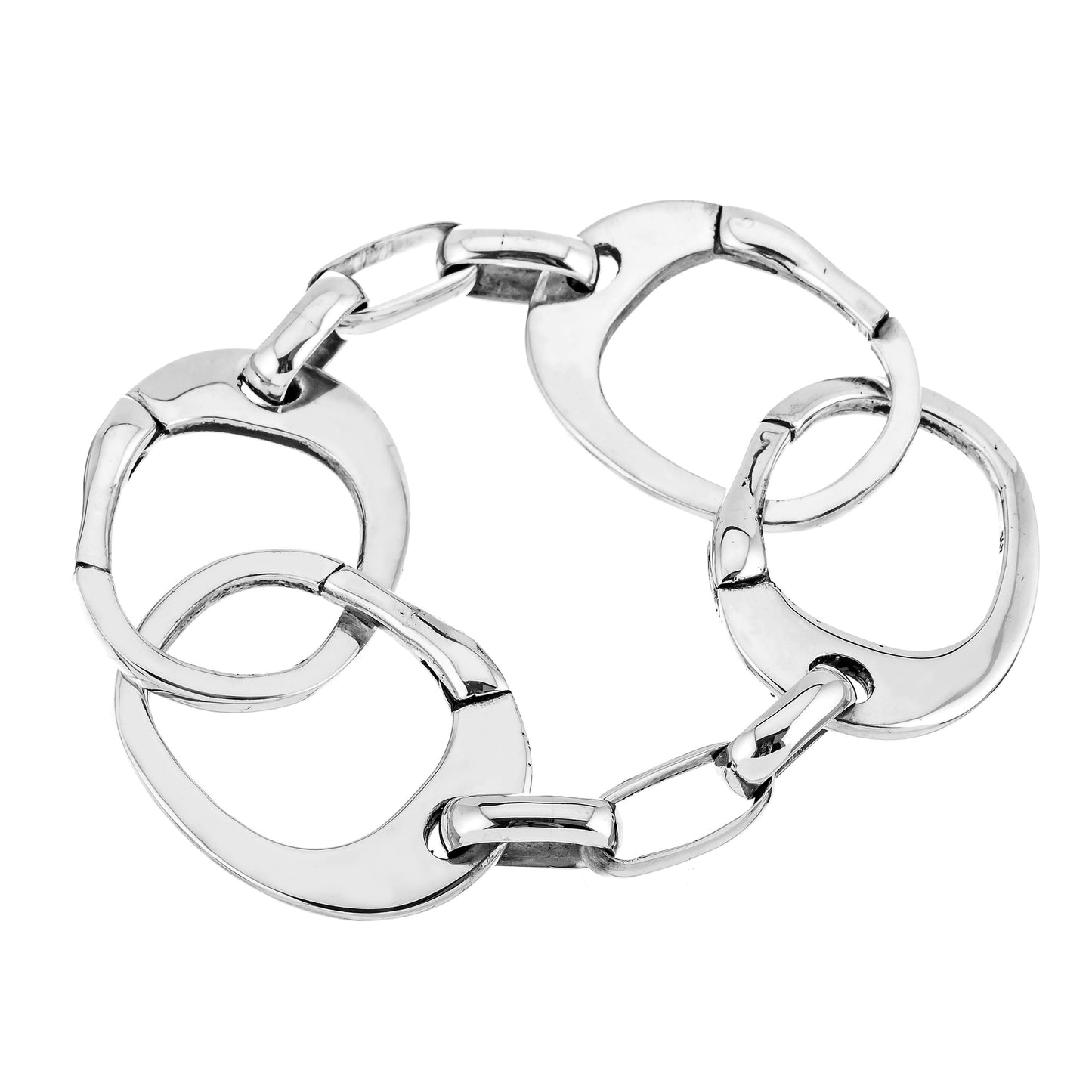 A silver-colored large handcuffs bracelet with a chain-link design.