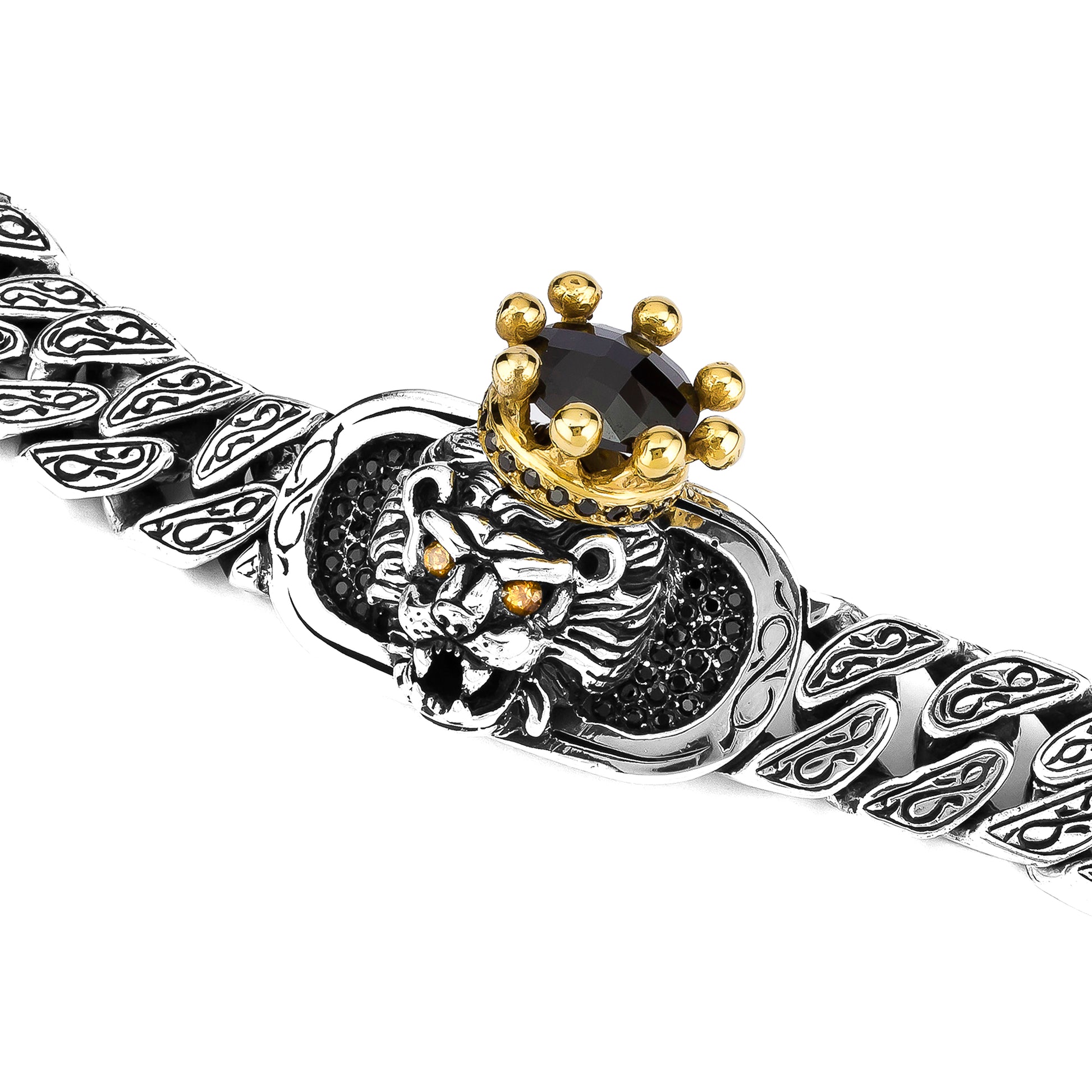 Silver lion head with a golden crown and onyx stone bracelet. 