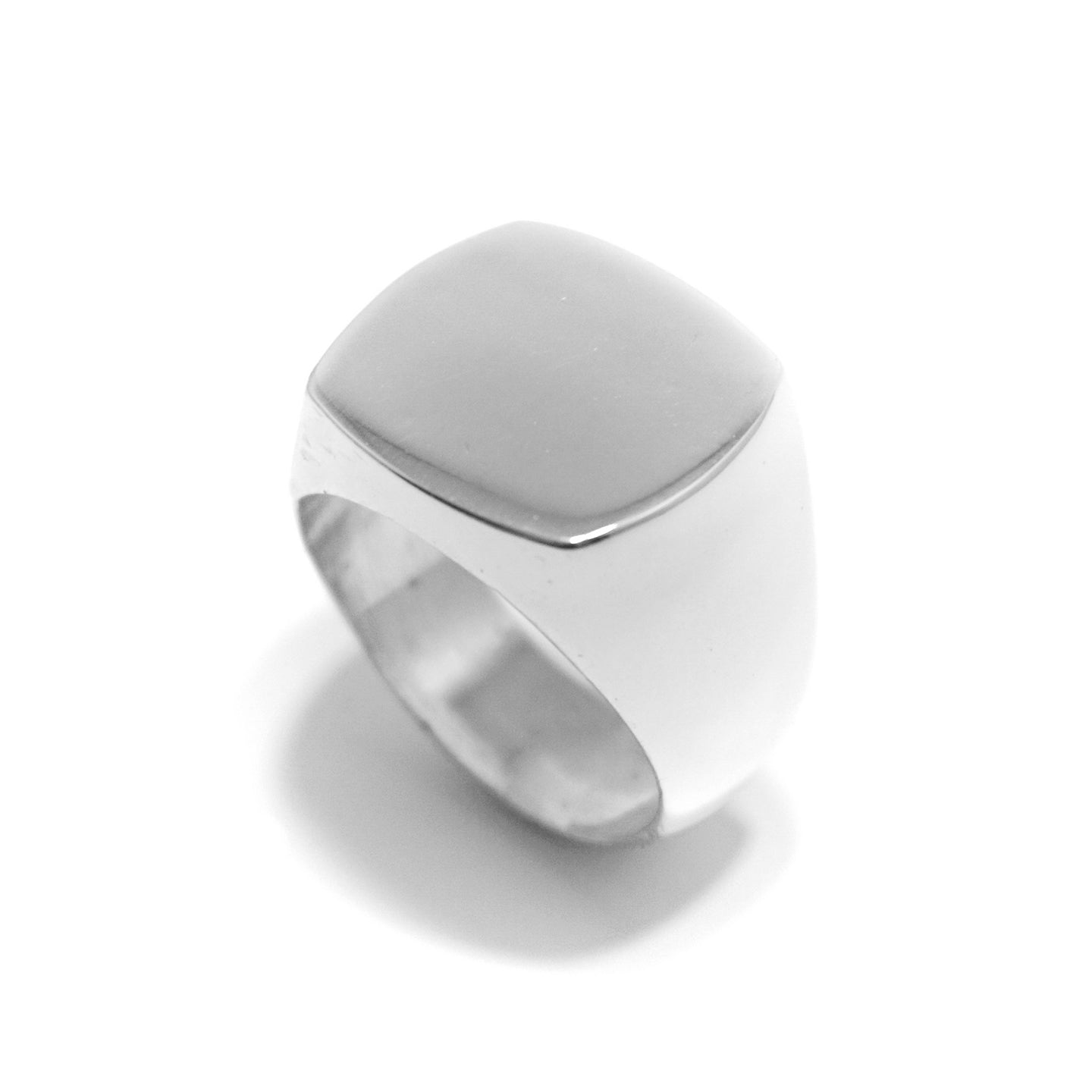 A .925 sterling silver cushion signet ring with a polished finish on a white background.